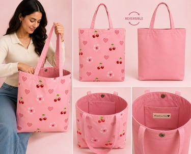 Bolso tote rosa con estampado de cerezas y corazones, que cuenta con un bolsillo