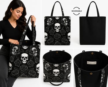 Bolso tote negro reversible con estampado de calavera y rosas, que presenta un diseño floral gótico 