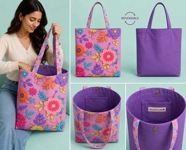 Una mujer muestra un bolso reversible rosa con estampado floral, detalles de flores 