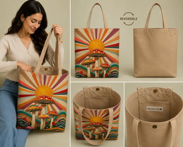 Un bolso reversible con un diseño retro de setas y rayos de sol, y un lado de lona beige lisa.