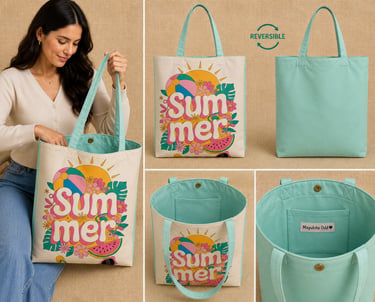 Un bolso de lona reversible con un gráfico de «Summer» el interior color verde 