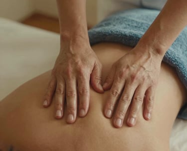 Close-up artistic photography of a therapeutic massage on a shoulder, warm soft lighting, cream and muted blue towels in the background. Calm and serene atmosphere, Southern European / Spanish clinic setting.