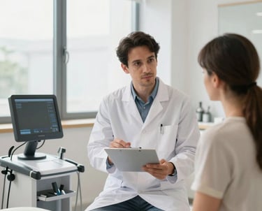 A professional therapist in a modern, clean Palmanova clinic explaining a treatment plan to a patient. Bright setting with large windows, professional equipment, trustworthy and calm mood, Southern European context.