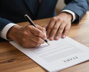 Close-up of South American hands signing a legal contract on a wooden table, professional setting, warm gold and medium blue tones, signifying trust and legal protection.