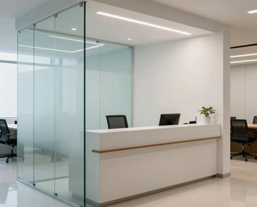 A clean, modern South American law office reception area, minimalist design, glass partitions, organized environment in pale blue and off-white colors.