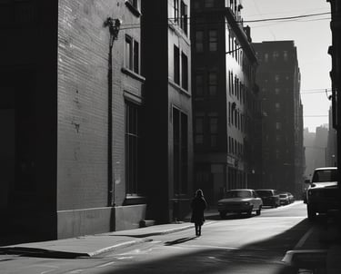 A stark black-and-white street scene with subtle glowing supernatural symbols etched into the pavement.
