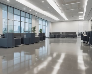 A janitor using specialized equipment to clean a commercial building lobby floor.