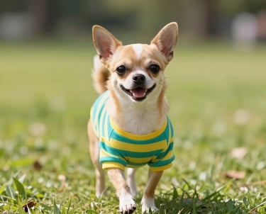 Un pequeño cachorro de chihuahua con un suéter a rayas amarillas y azules caminando por un parque con césped.