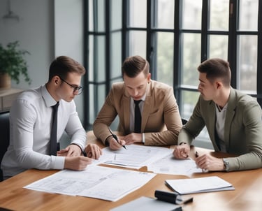 Warm, modern office space with architects discussing blueprints.