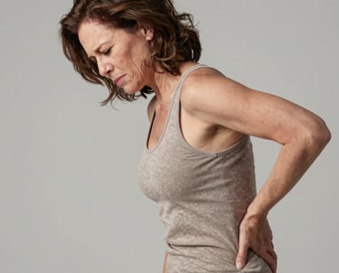 A serene image of a person practicing posture exercises in a softly lit room with navy blue and gold accents.
