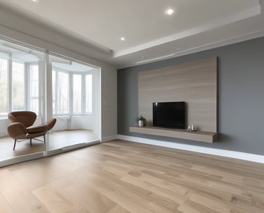 A skilled installer laying hardwood flooring in a bright, modern living room.