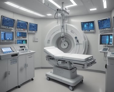 Doctors and nurses collaborating in a bright, modern hospital ward.