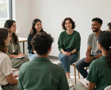 A professional photograph of an inclusive community gathering in a bright, modern room in North American / Michigan US. People are smiling and engaging in collaborative discussion. Soft lighting, clean composition, using a palette of forest green and off-white.