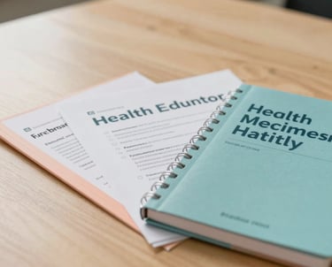 Close-up photography of a set of professional health education materials and a notebook resting on a clean wooden table. Soft shadows, warm and approachable lighting, in a North American / Michigan US office setting. Palette colors like peach and muted teal are visible.