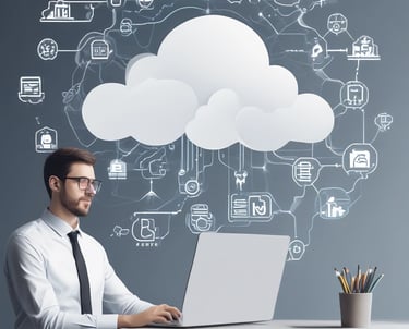 A team collaborating over laptops with digital code and cloud icons floating around.