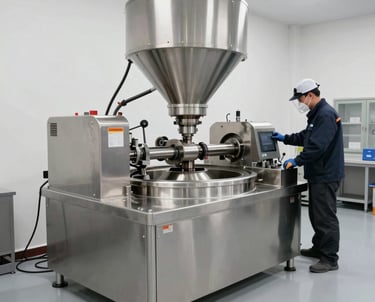 Modern factory machinery processing konjac flour in Gilimanuk, Bali.