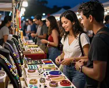 Crowd enjoying live music under string lights at an outdoor night market.