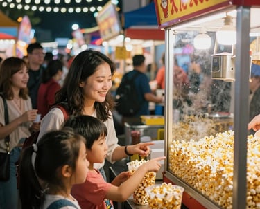 A bustling night market scene with colorful vendor stalls glowing under neon lights.