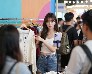 A bustling night market booth glowing with neon lights and colorful products.