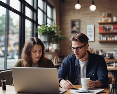 Adults collaborating in a bright workspace, engaged in environmental skills training and team coaching.