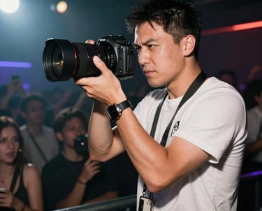 A professional photographer capturing a high-energy live performance in a North American night club, dramatic lighting in background.