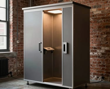 A sleek, industrial-style photo booth set up in a modern North American loft space with exposed brick and warm lighting.