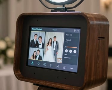 A sleek, modern photo booth station at a North American luxury wedding, featuring customizable lighting and high-end digital interface.