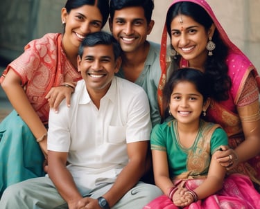 A happy family smiling together in their living room, symbolizing financial security.