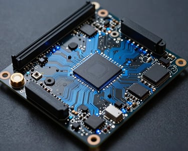 A photograph of a sophisticated logic board with blue glowing components, representing system design. Midnight black and slate blue-gray palette. North American context.