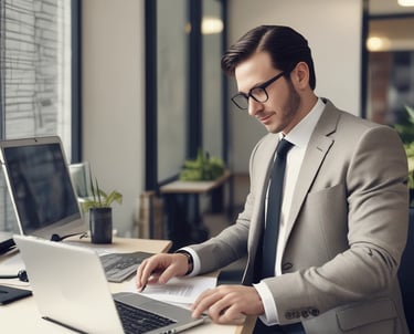 A professional translator working on a laptop surrounded by multilingual documents.