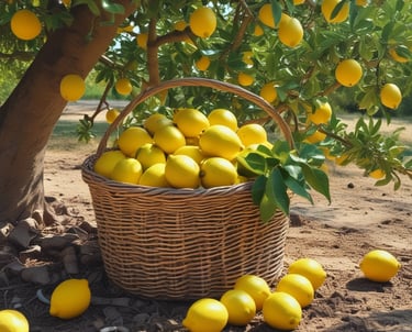 Lush lemon trees heavy with ripe yellow lemons in a Calabrian orchard.