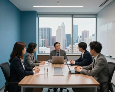 Photography of a modern office meeting room with sky blue accent walls and a view of a US city skyline.