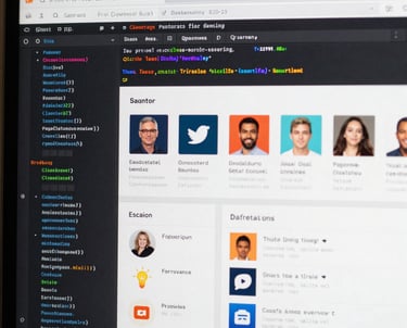 Close-up of a high-resolution screen showing complex web code and social media dashboards.