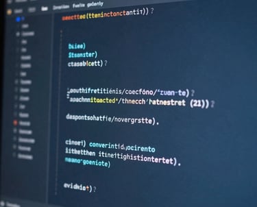 A digital screen showing high-level code structure, with soft Sky Blue and Dark Navy tones.