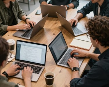A top-down view of a collaborative meeting in a French co-working space, with laptops, coffee, and notebooks. Clean and inspiring atmosphere.