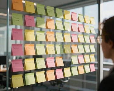 Strategic planning session with colorful sticky notes on a glass wall in a modern office in Zurich. Sunlight reflects through the glass.