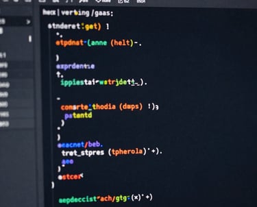A close-up of a code editor with clean, colorful syntax for a modern web application. Dark navy background.