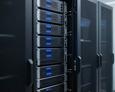 Clean, minimalist shot of a digital server room with soft blue indicator lights, representing reliability and technology.