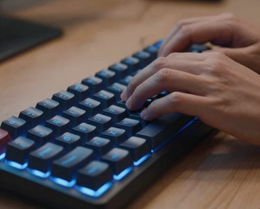 A close-up of hands typing on a mechanical keyboard with subtle Royal Blue backlighting in a professional workspace.