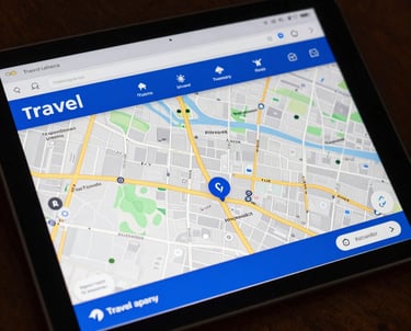 Clean photo of a tablet showing an interactive map interface for a travel agency, with Royal Blue accents.