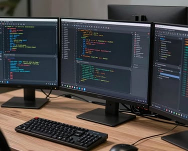 Professional photography of a developer's workstation with three monitors displaying code and design tools. Sleek and high-tech.