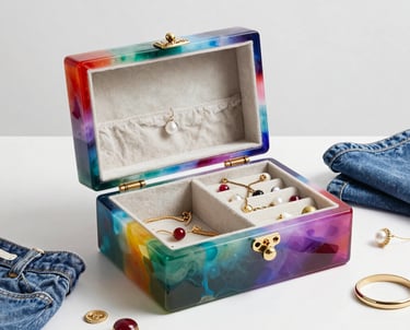 A colorful tie-dye acrylic jewelry box containing gold and pearl accessories on a white surface with denim.
