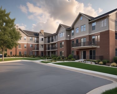 A warm, inviting neighborhood of newly built affordable homes with coastal greenery under a bright Texas sky.