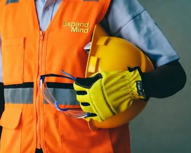 Um operário da construção civil vestindo um colete de segurança laranja, segurando capacete amarelo.