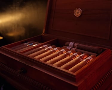 Hand-rolled premium cigars arranged in a wooden humidor box with a built-in hygrometer.