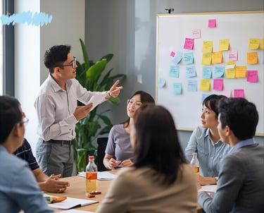 A man presenting his idea to the team.