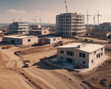 Modern construction site with workers and machinery in action.