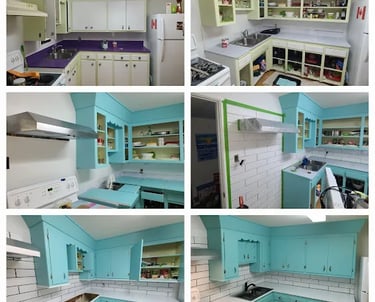 collage of kitchen cabinet transformation fepainting countertop sink installation and repainting cab