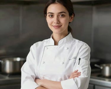 Professional portrait of a female chef in a clean white uniform, smiling confidently, studio lighting, representing expertise and high-quality food service.