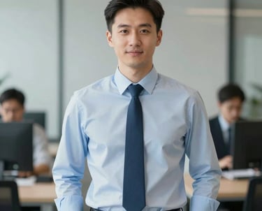 Professional portrait of a male operations manager in business casual attire, organized background, reflecting efficiency and reliability.